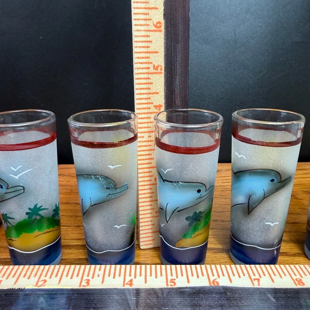 Dolphin Hand painted Decanter Set Rack w 6 shot glasses Island Tequila Tiki Set